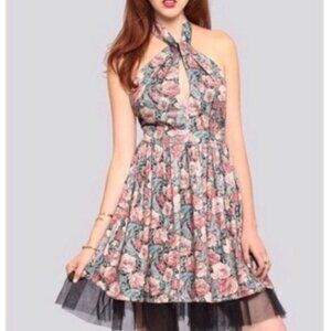 ARK & CO. Floral Pink Sequin Halter Mini Dress Sm Barbiecore Barbie